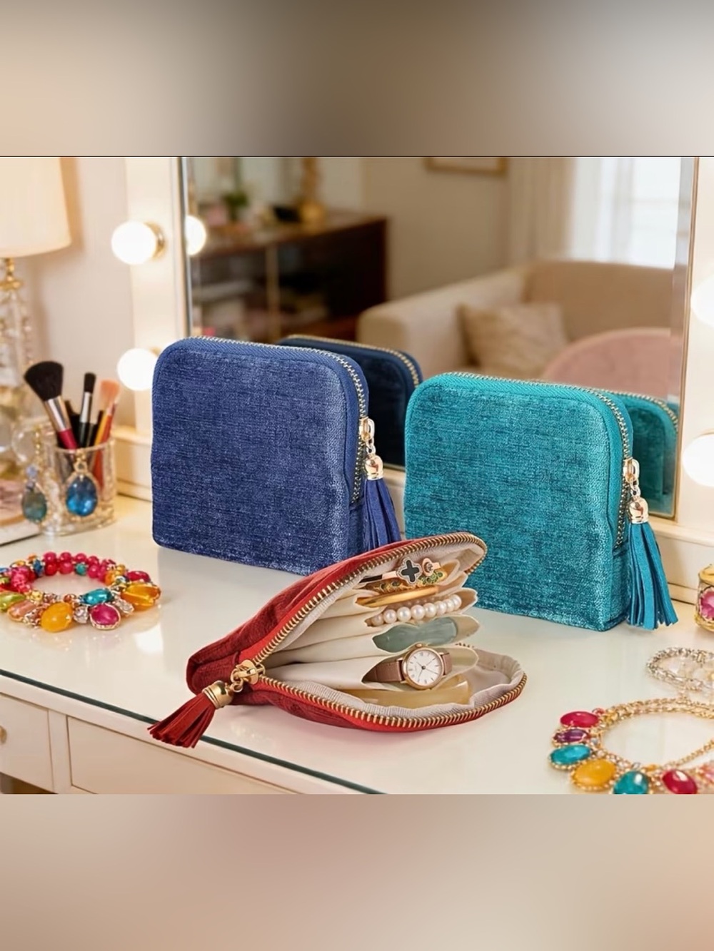 Velvet Jewelry Travel Case Pouch - Blue & Teal